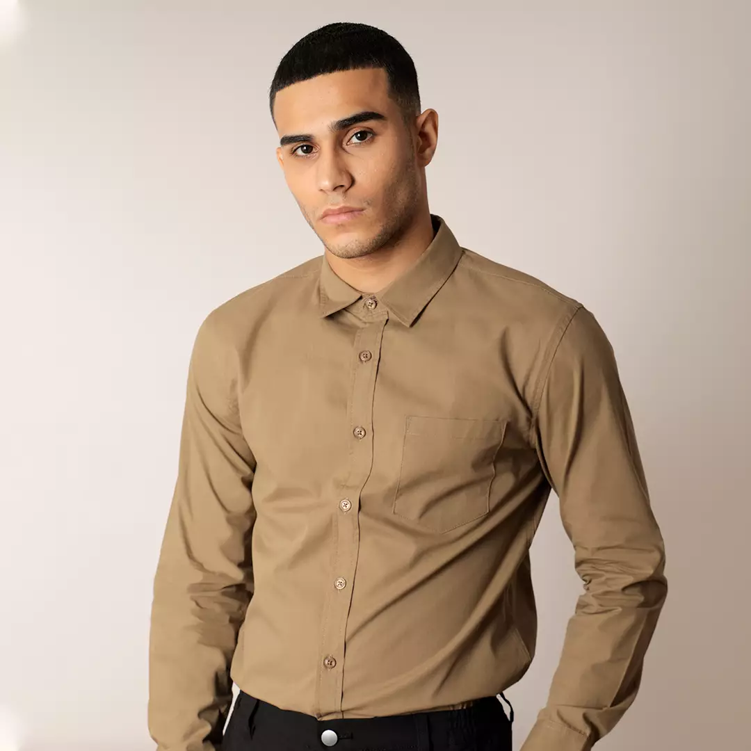Oxcon Collarless Long Sleeve Business Shirt soft cotton Sand