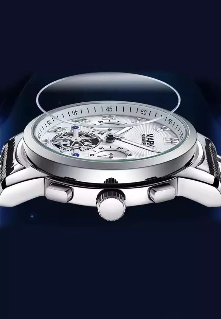 中性款不鏽鋼計時石英錶，白色錶盤，41 毫米，鋼錶鍊