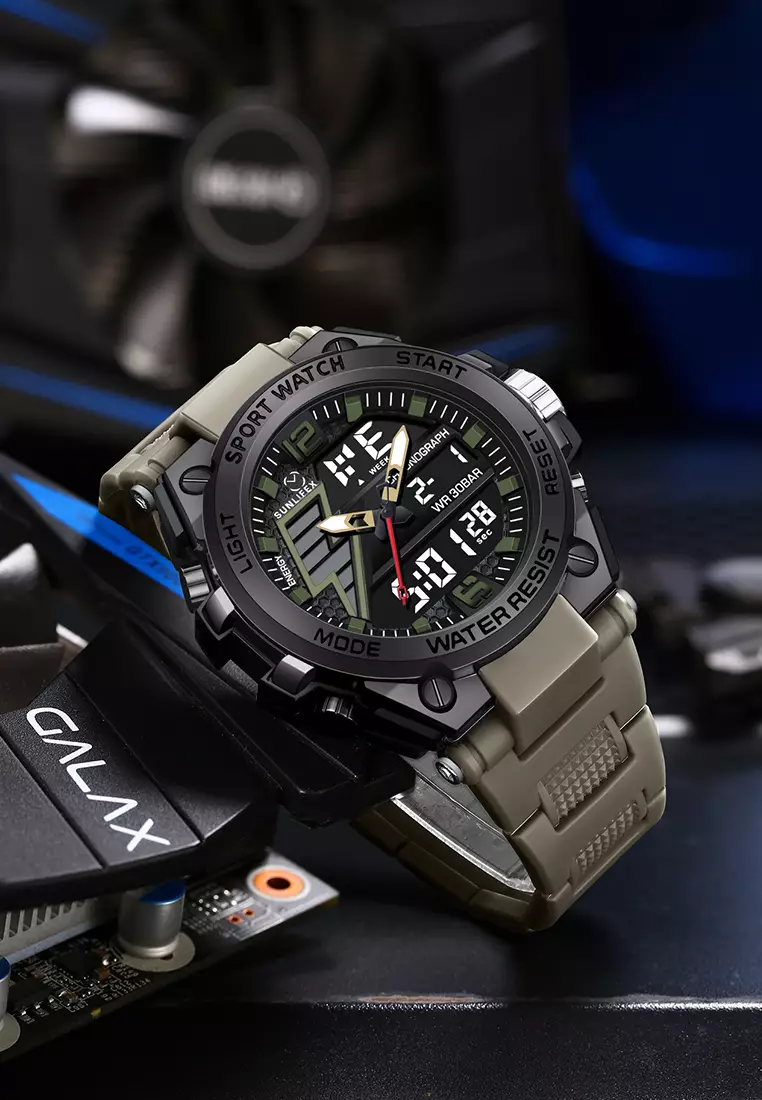 Jam Tangan Pria Analog&Digital Multifungsi Tali Silikon Anti Air Jam Tangan Cowok khakiblack