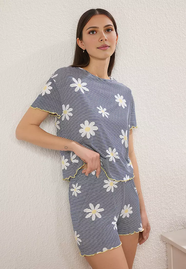 Navy Blue Floral and Striped Baby Overlock Detailed Shorts Knitted Pajama Set THMSS25PT00205