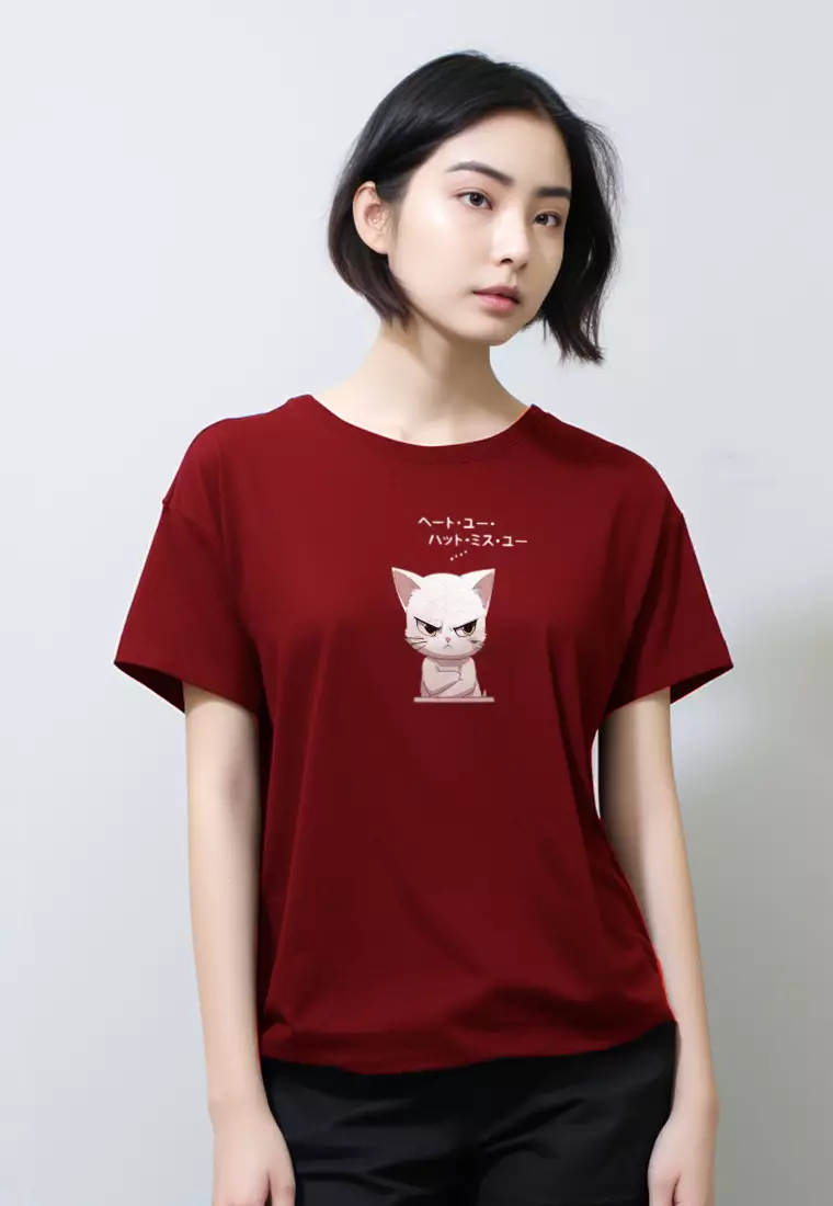 LTG68 Kaos Gambar Kucing Tangan Pendek Wanita Instacool "cat quote" maroon