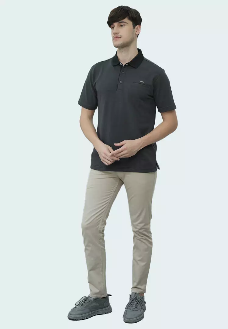 LGS - Kaos Polo Casual Pria - Lengan Pendek - Motif Polos Basic - Bertekstur Popcorn - Abu Tua - CWS.225.U3398.01.C