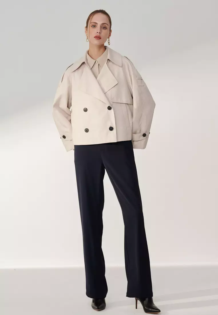 深藍鬆緊帶直筒寬褲