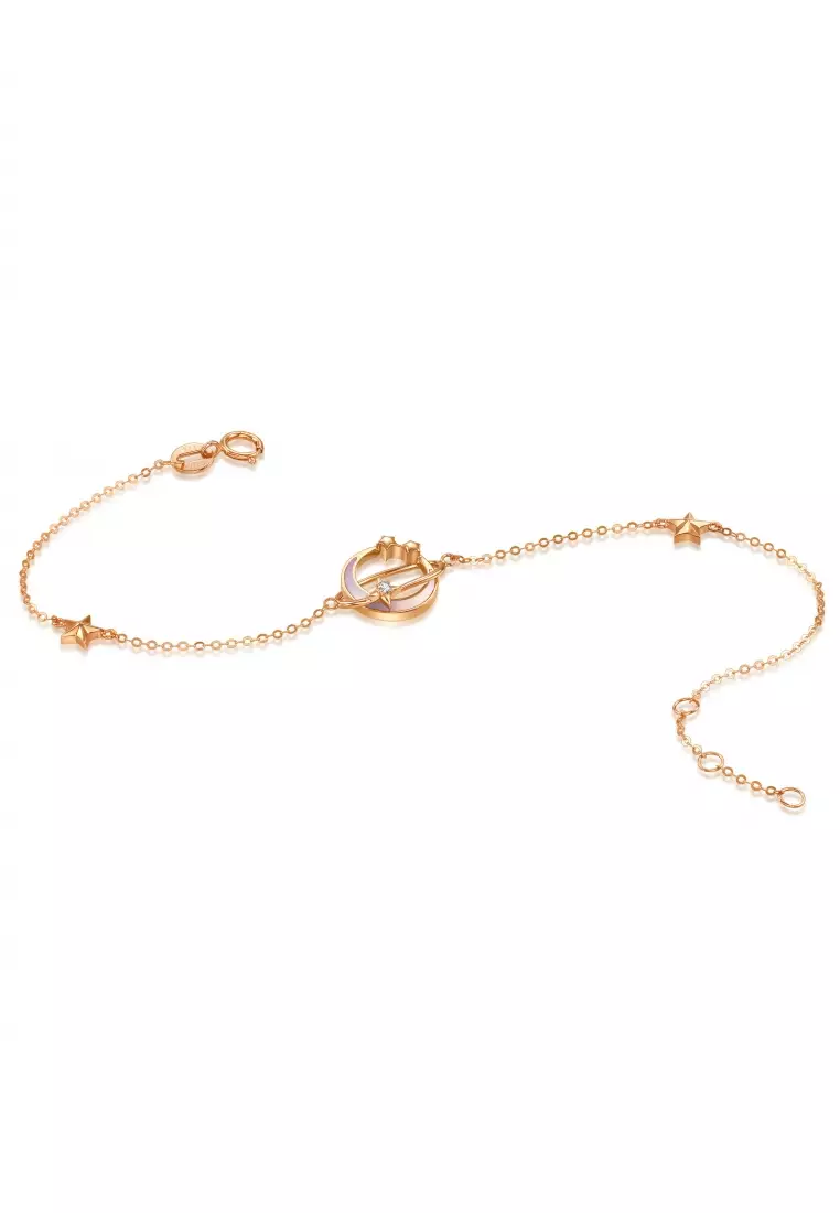Delicate Gold 18K Rose Solid Gold Mother of Pearl Moon Stars Bracelet for Women 93317B