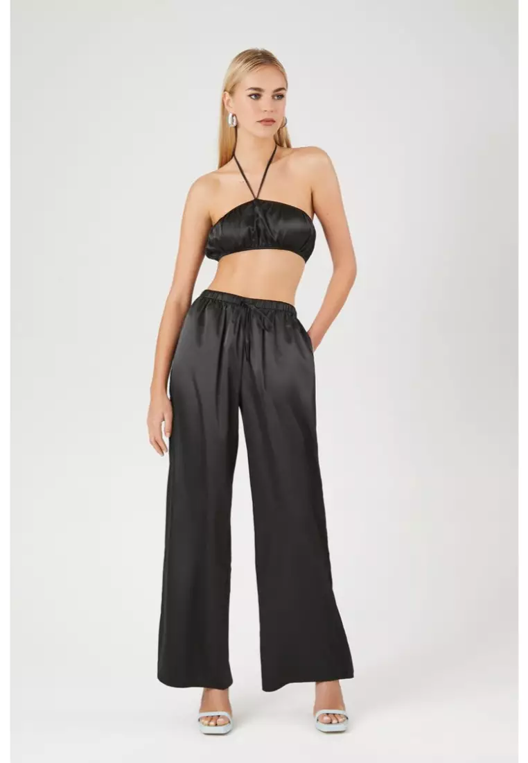 Satin crop top and pants set sale