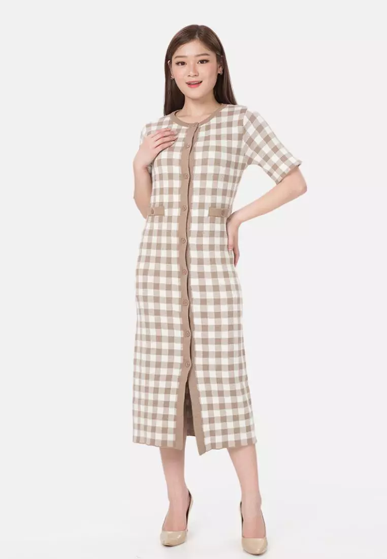 Checker Midi Dress in Brown