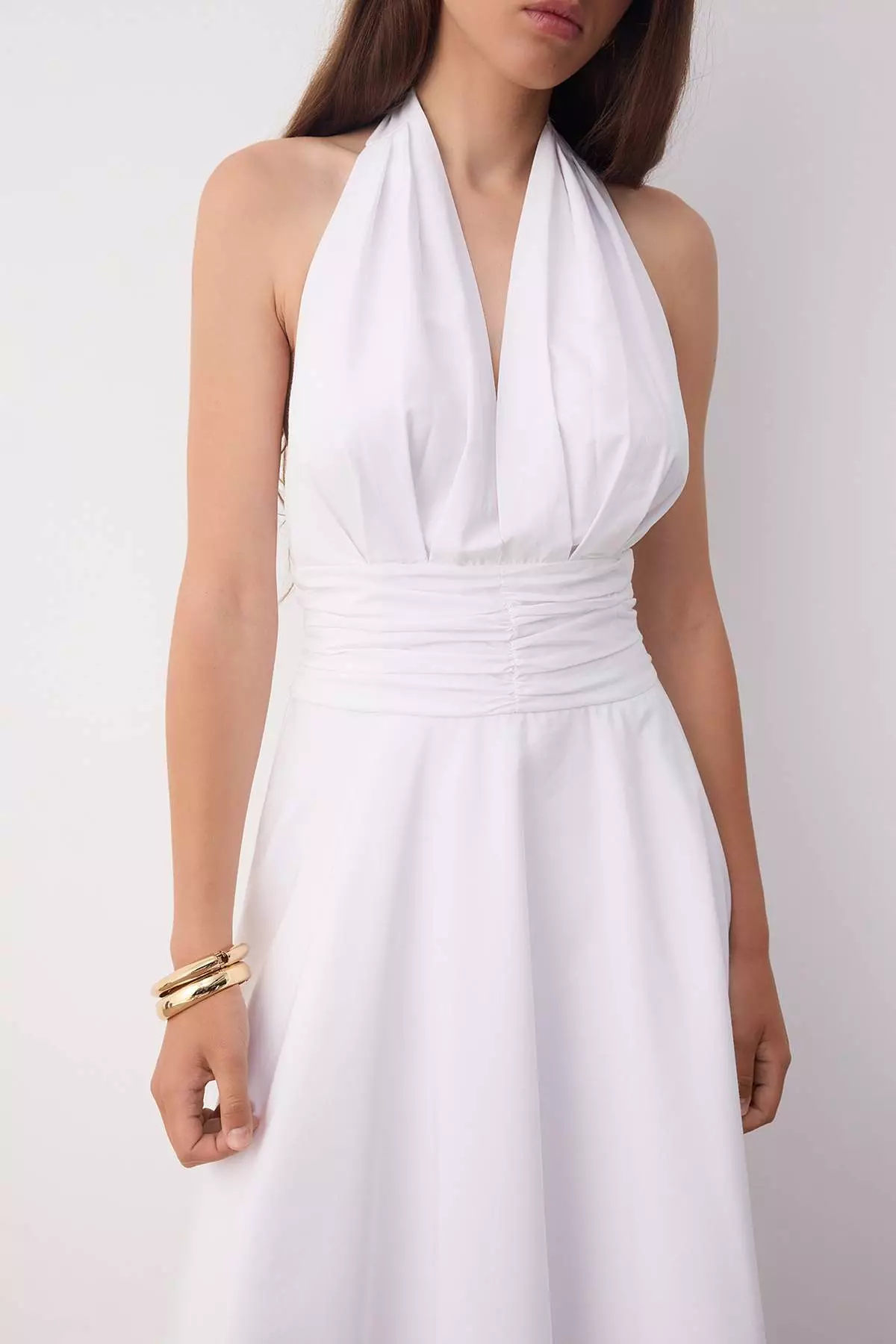 White Low-Cut Halter Neck Poplin Lined Woven Dress
