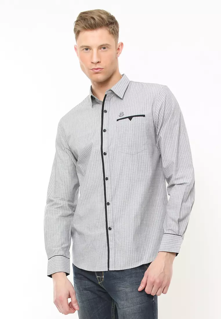 Johnwin - Kemeja Casual - Kemeja Pria - Kemeja Salur - Kemeja Abu - Slim Fit - ASH.670.K871.710.C