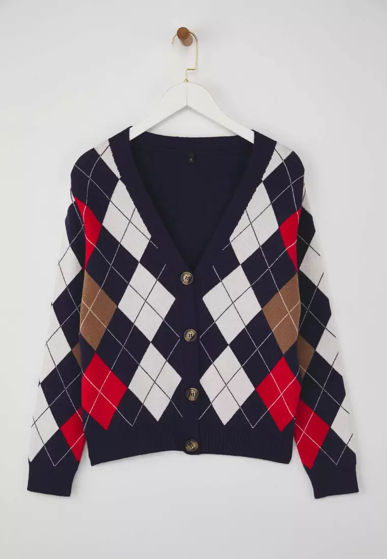 Navy Blue Premium Yarn/Special Yarn Diamond Patterned Knitwear Cardigan Twoaw26Hi00158