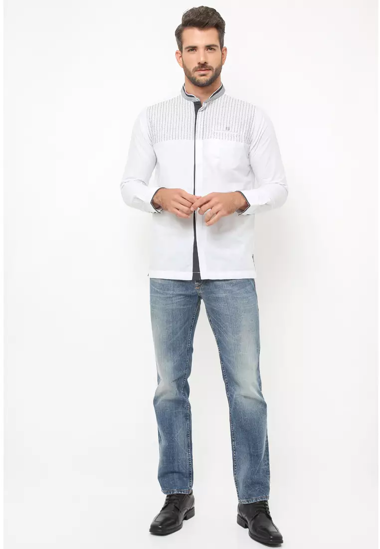 LGS - Baju Koko - Lengan Panjang - Motif Bordir Garis - Putih