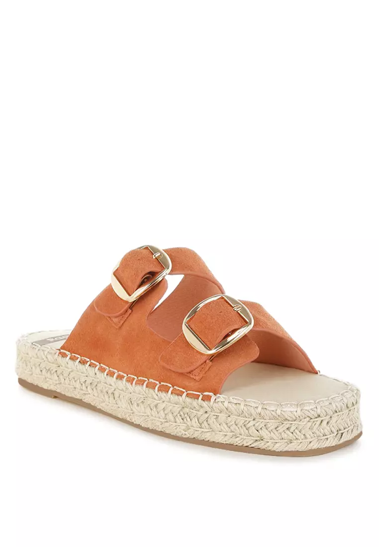 Sandal Flatform Espadrille Kulit Asli Lembut Warna Tan