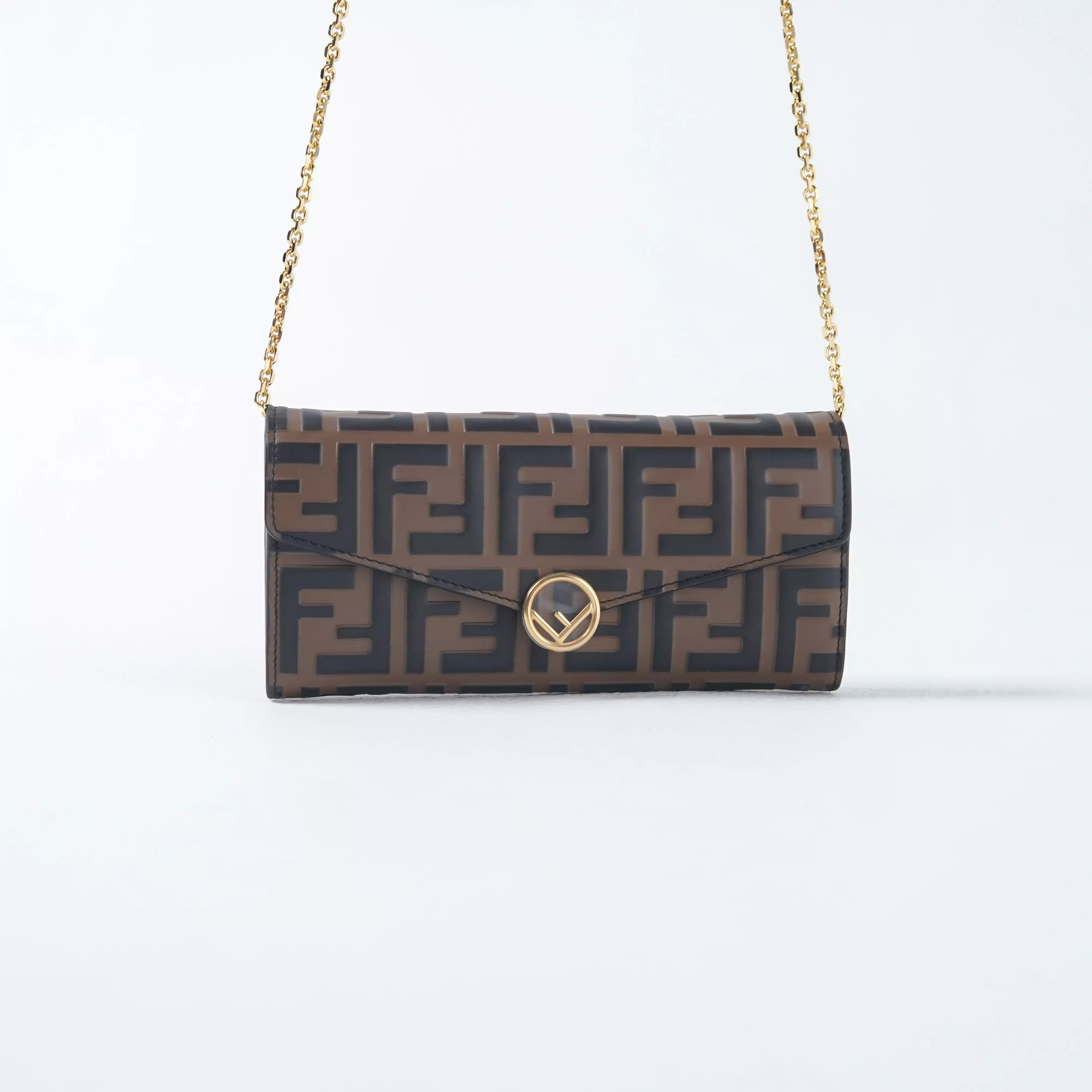 Tas FENDI FF MONOGRAM BLACK BROWN FLAP WALLET ON CHAIN BAG 100% ORIGINAL