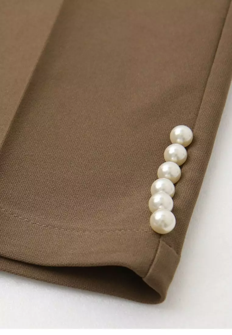 純色燙印線珍珠飾窄管八分褲《BA7365》