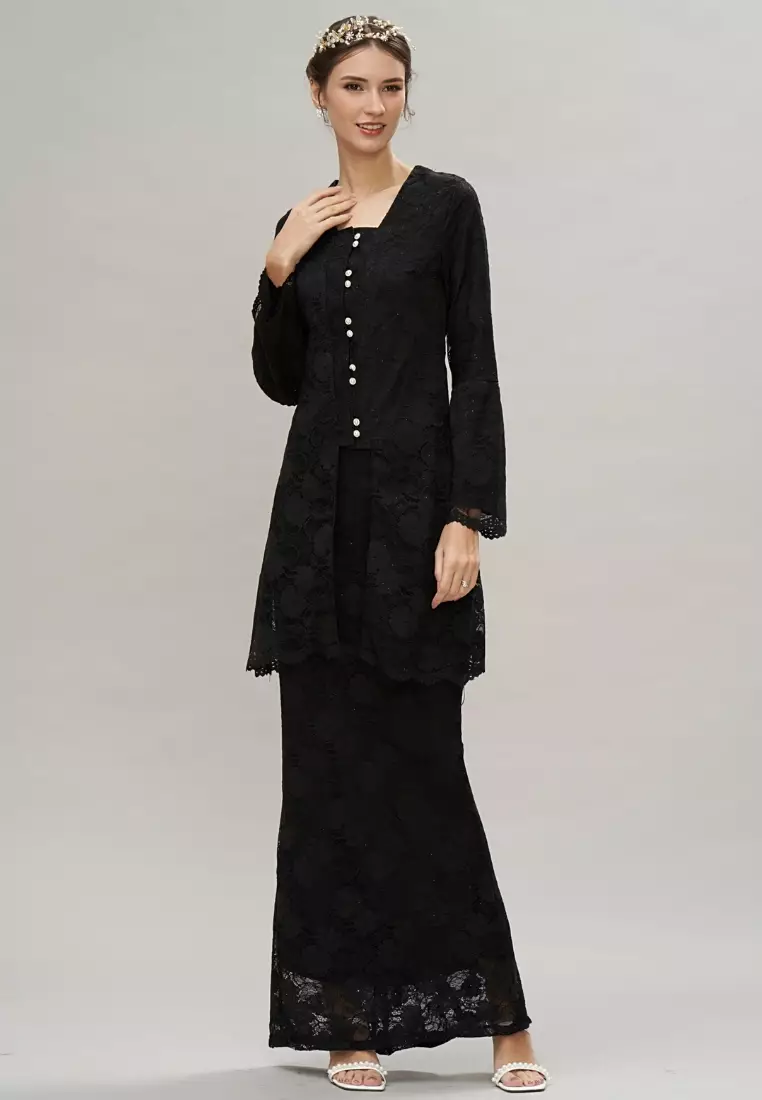 Loveaisyah Black Lace Puff Sleeve Modern Kebaya and Maxi Lace Skirt Hari Raya