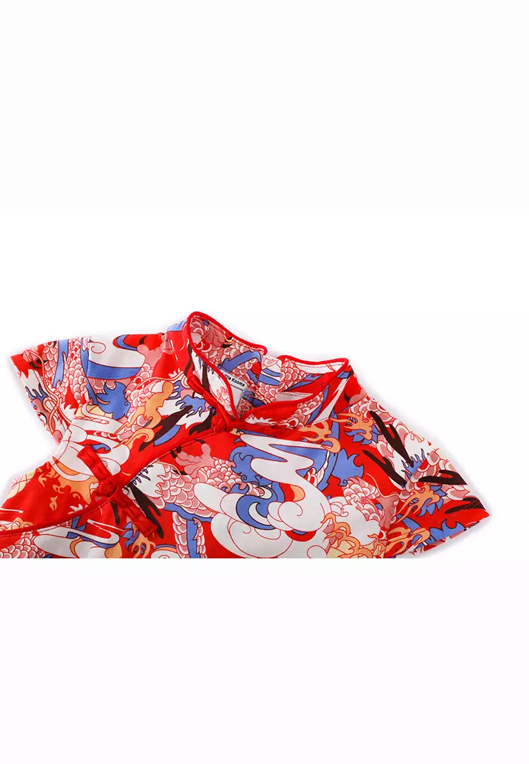 女童紅藍龍印花漢服唐裝旗袍裙新年拜年衣服