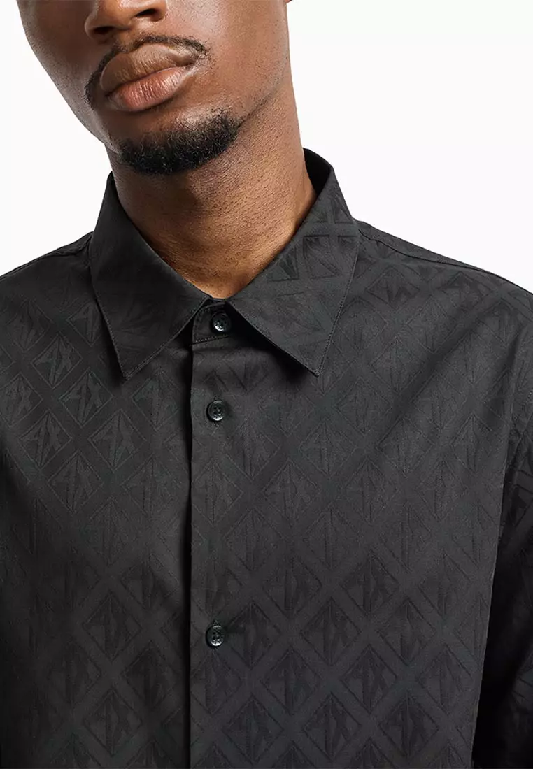 Regular Fit Cotton Shirt With Allover Logo In Tone