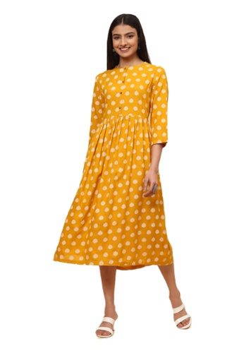 BIBA yellow BIBA Mustard Round Neck 3/4Th Sleeves Flared Dress 36276AA37560D5GS_1