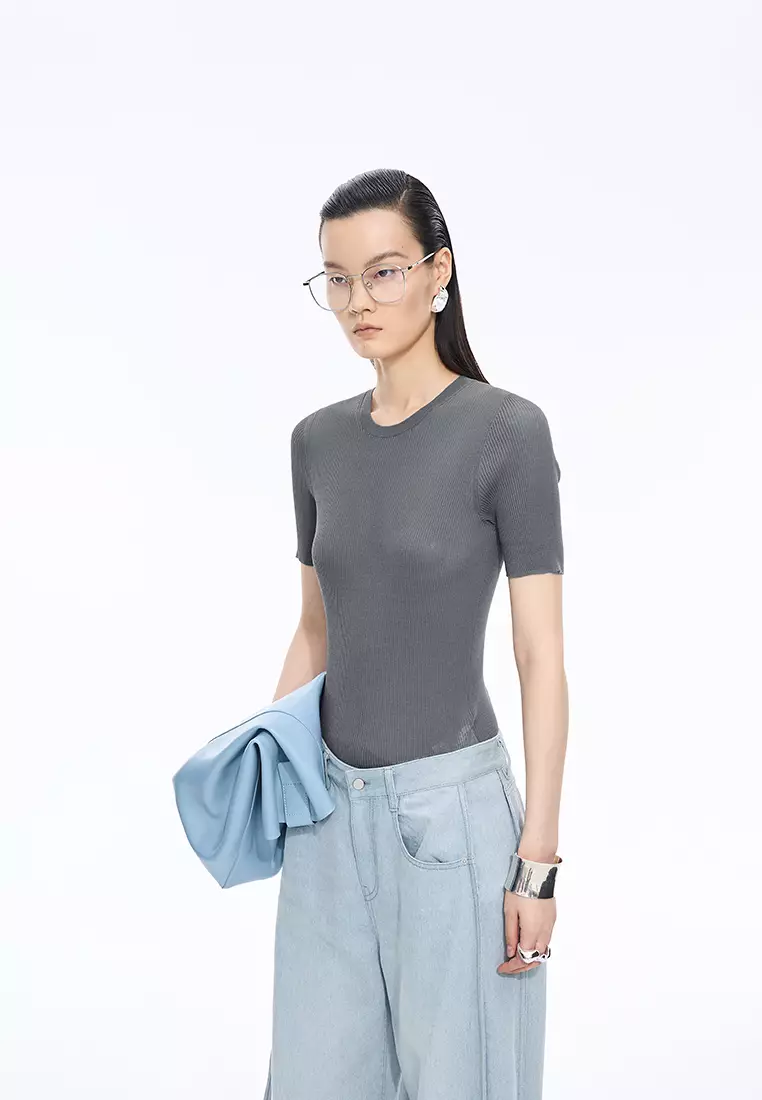 棉修身超薄款短袖套頭針織衫