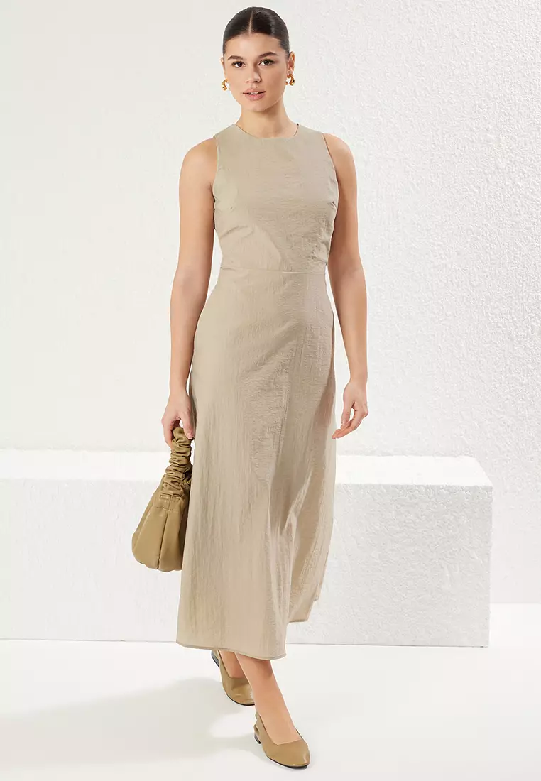 Dark Beige A Cut Back Detail Midi Woven Dress