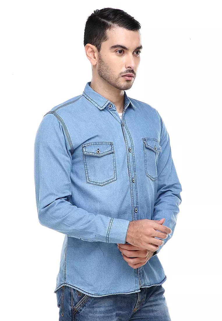 Dwan Casual Shirt Baju Kemeja Jeans Pria Lengan Panjang Material Denim ORIGINAL - Light Blue