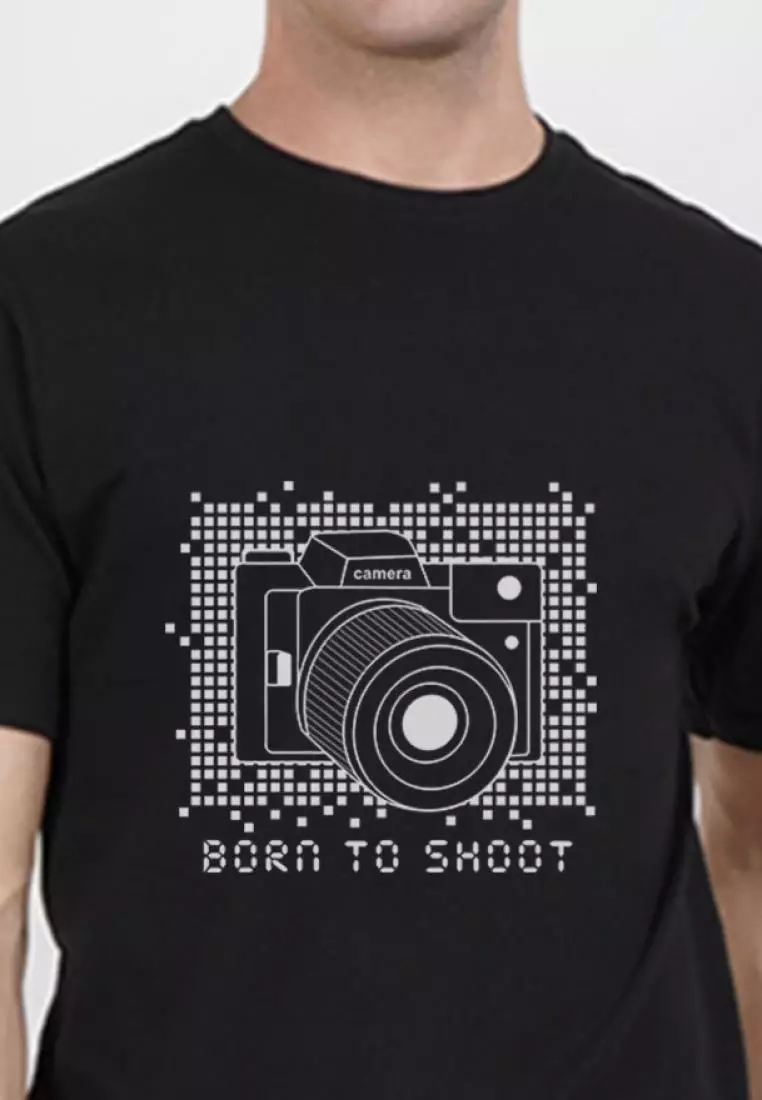 相机印花图案黑色棉质短袖圆领休闲 T 恤