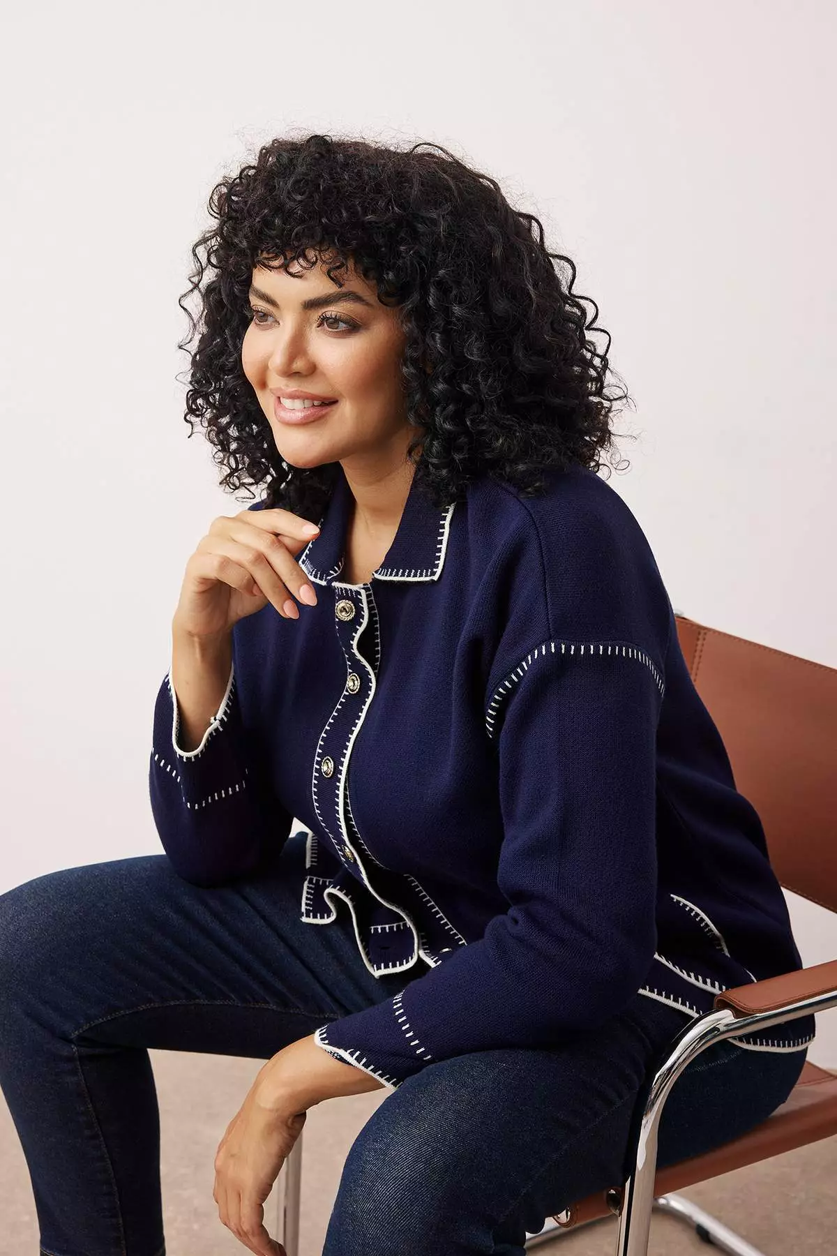 Navy Blue Polo Collar Embroidered/Embroidered Knitwear Cardigan