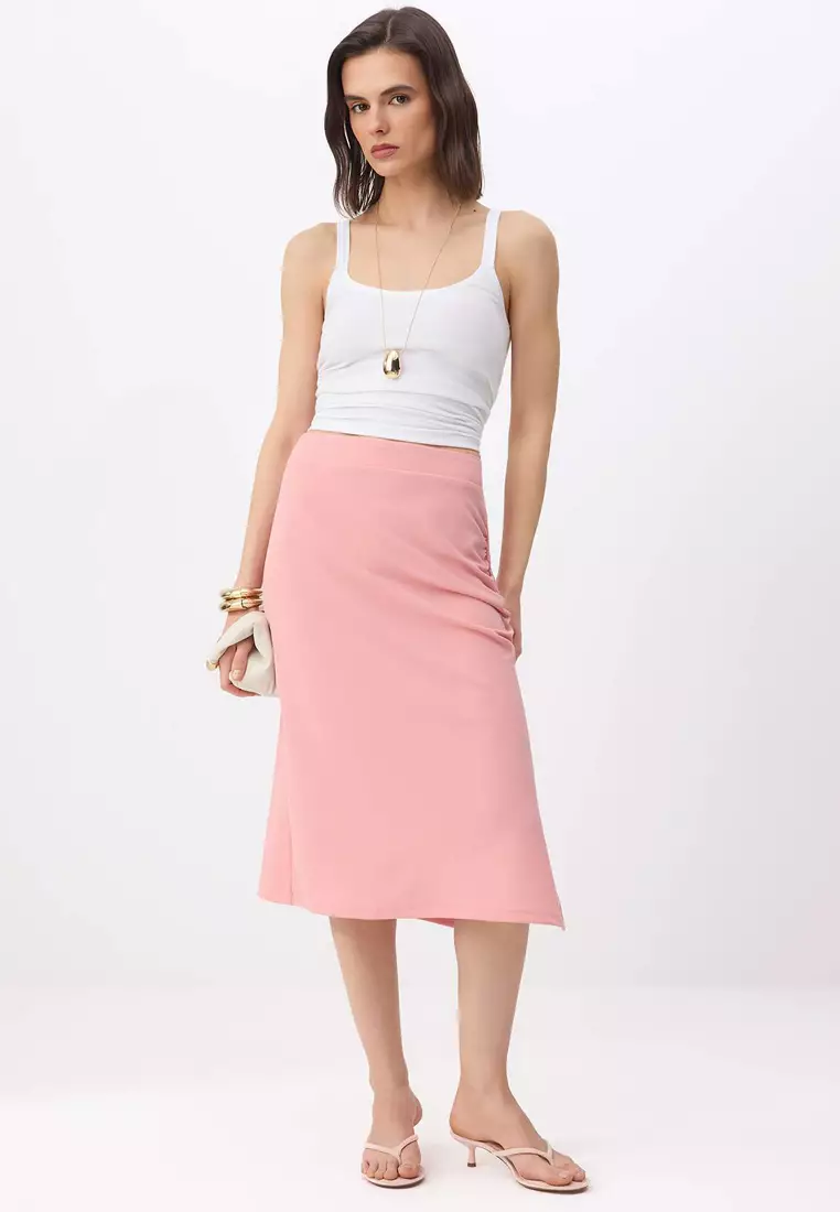 Pink Straight Pencil Slit Normal Waist Midi Scuba Crepe Knitted Skirt Twoss26Et15