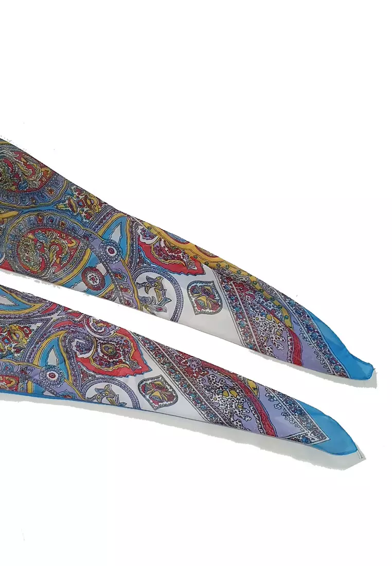 Paisley Motif Silk-Feel Scarf White