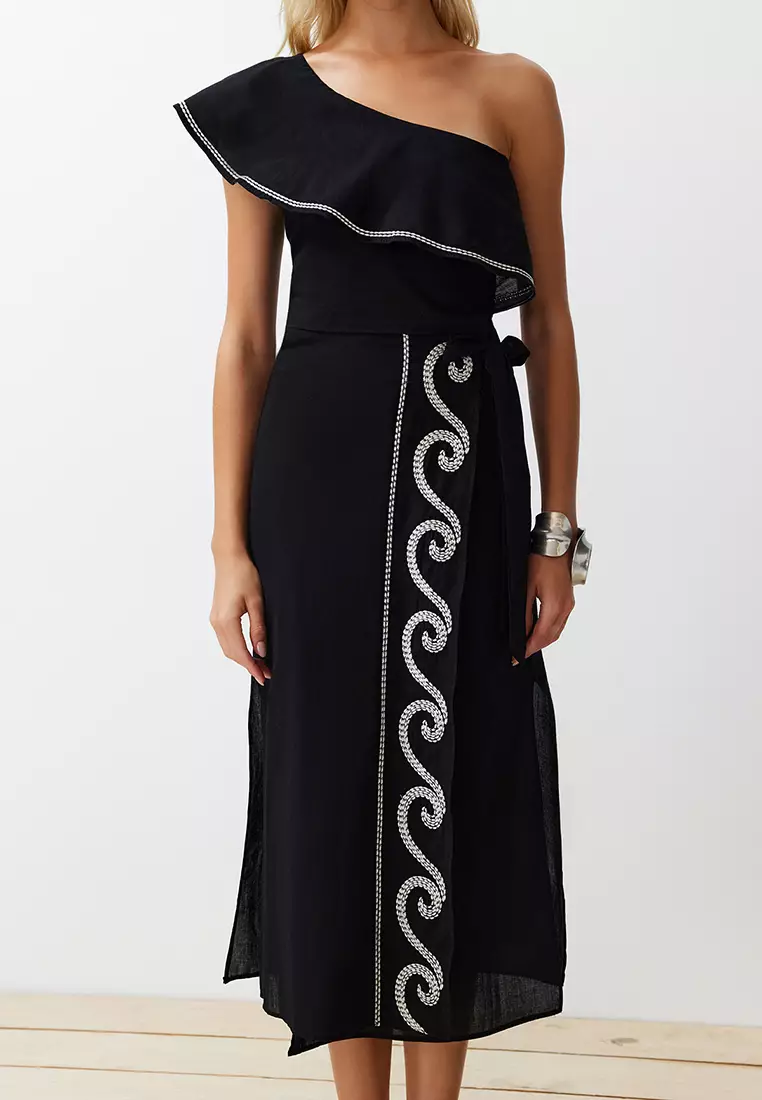 Black Woven Flounce One Shoulder 100% Cotton Blouse Skirt Beach Suit TBESS24AU00009