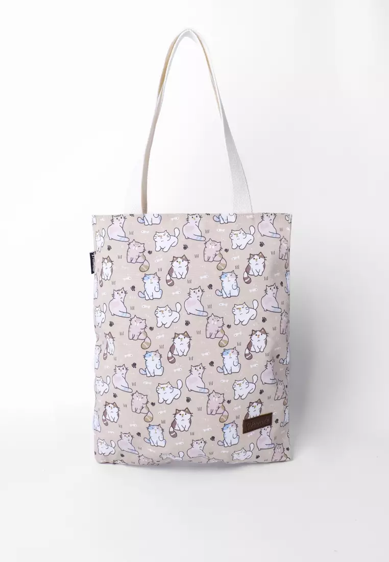 Pamole Tote Bag Wanita Bahan Kanvas Motif Penutup Resleting - Kucing Coklat