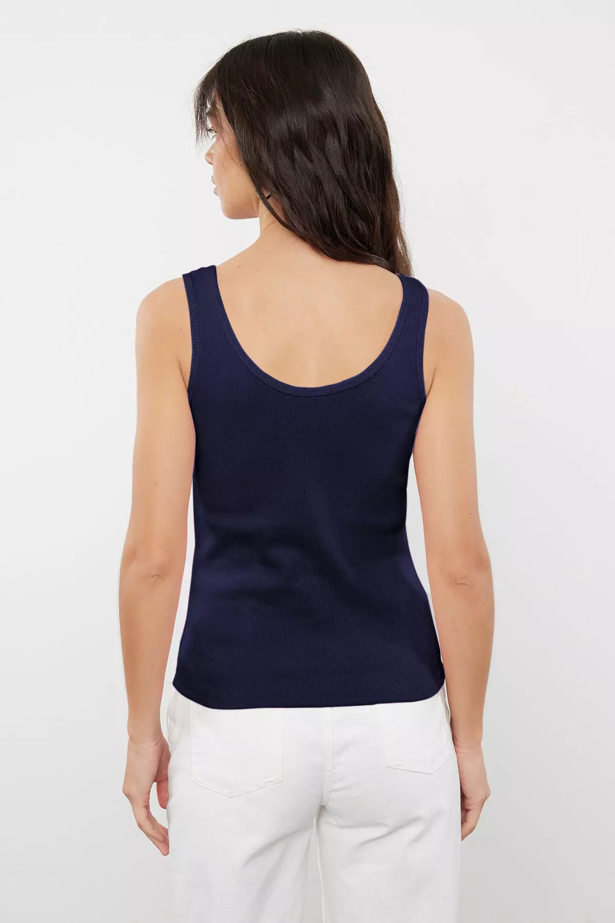 Navy Blue Color Block Fitted Pool Collar Elastic Knitted Tank Top