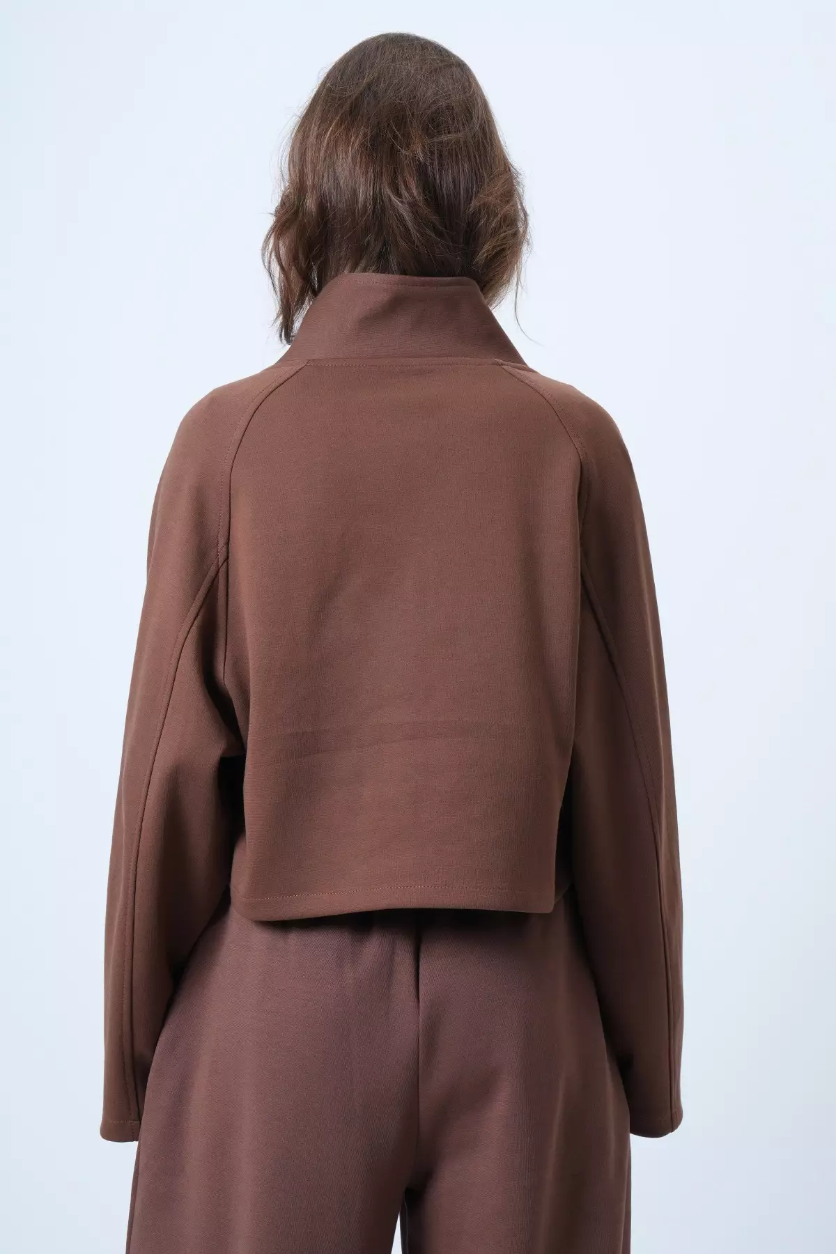 Women'S Brown Stand Collar Double Pocket Raglan Sleeve Jacket Alc-X14409