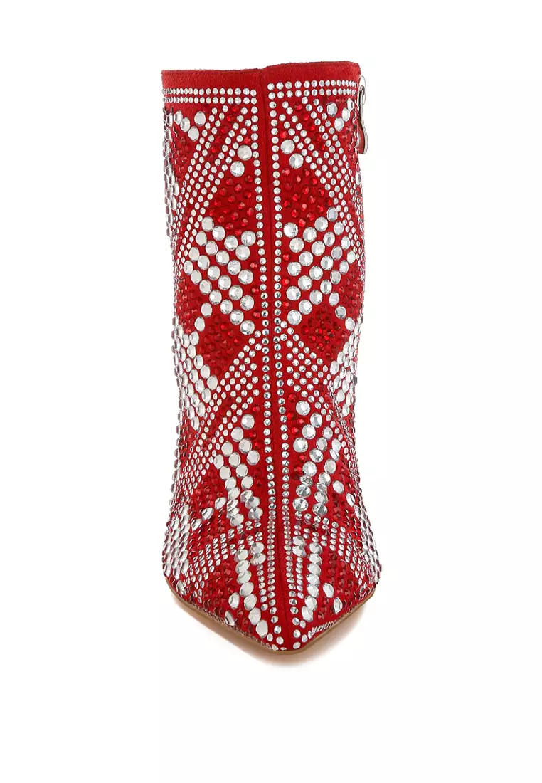 Rhinestones Studded Stiletto Heel Boots in Red