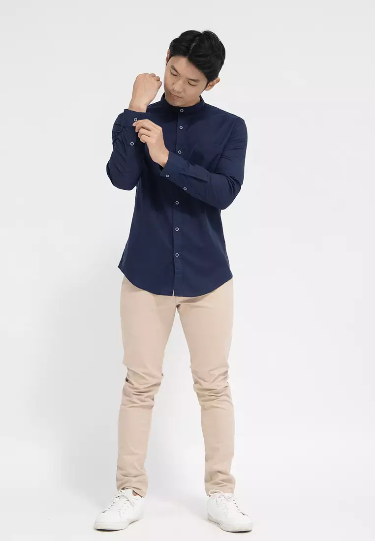 Kemeja Collarless Slub koko biru navy OXCON Navy blue