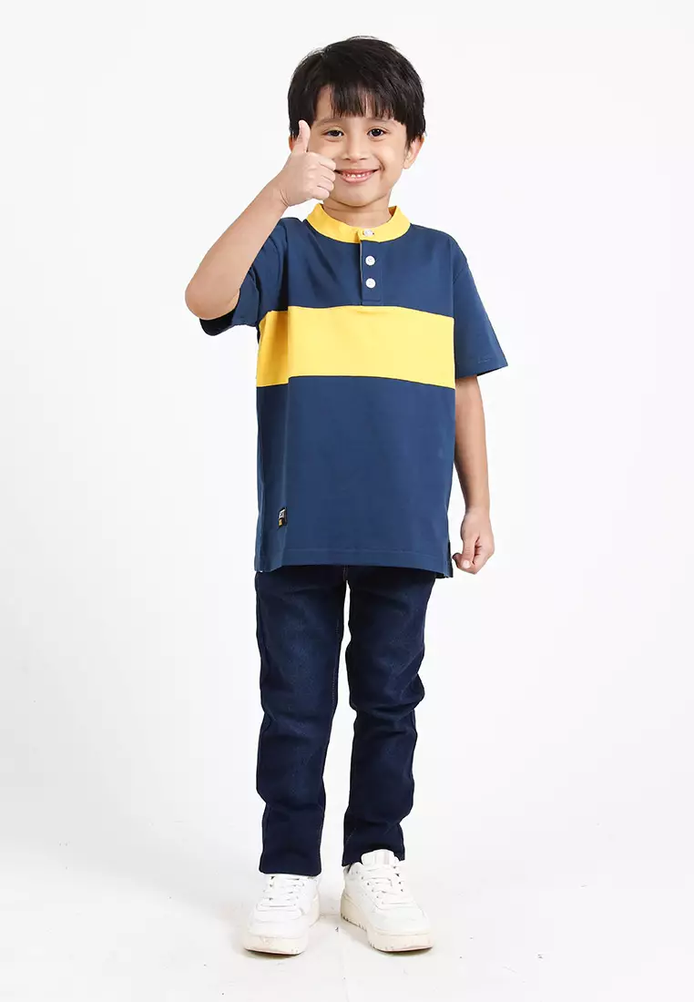 Forest Kids Premium Weight Cotton Stretchable Mandarin Collar T Shirt Men | T Shirt Baju Budak Lelaki - FK20170-30Blue