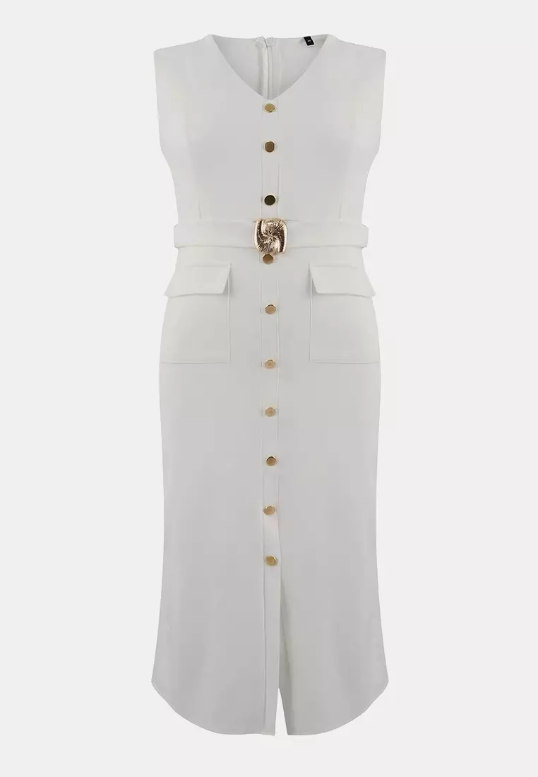 Special Collection White Belted Accessory Detailed Midi Woven Dress Tbbaw26Ah00094