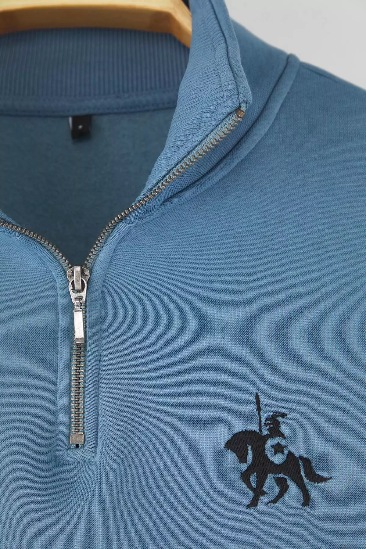 Blue Regular/Normal Cut Stand Collar Zippered Cotton Horse Embroidery Inside Fleece Sweatshirt Tmnaw24Sw00041