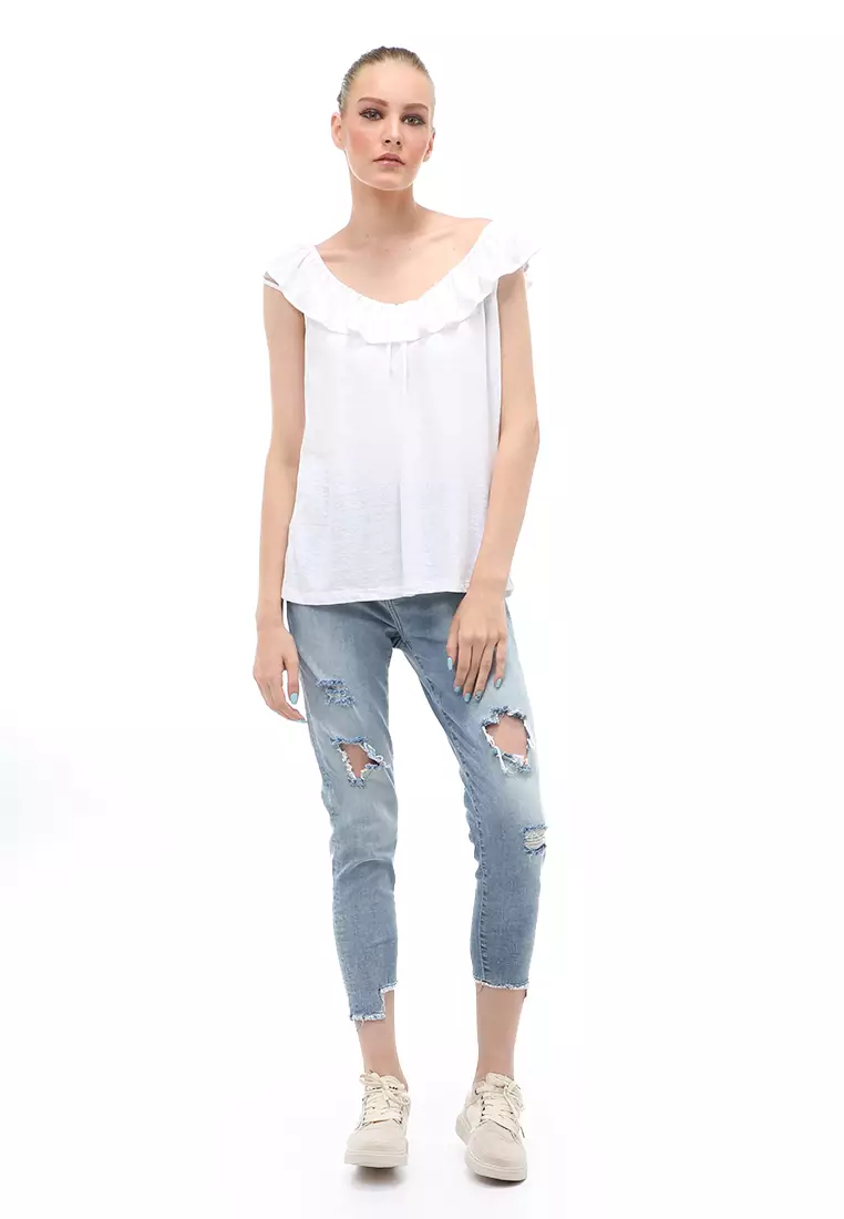 Baju Atasan Ruffled Linen Blend Jersey Wanita Relaxed Fit - White