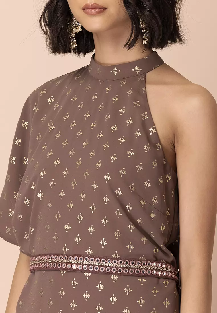 Dusty Pink Foil One Shoulder Belted High Low Kurta