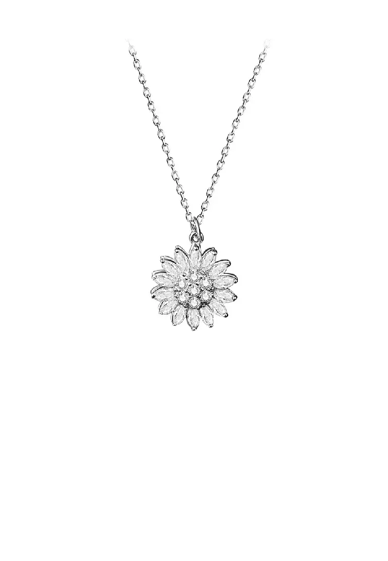 925 Sterling Silver Fashion Brilliant Sunflower Pendant with Cubic Zirconia and Necklace