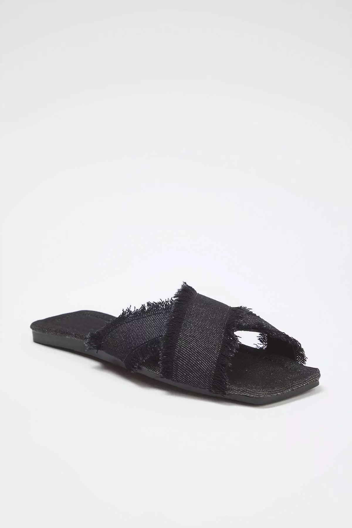 Black Tassel Detailed Denim Cross Strap Women's Slippers Takss25Te00043