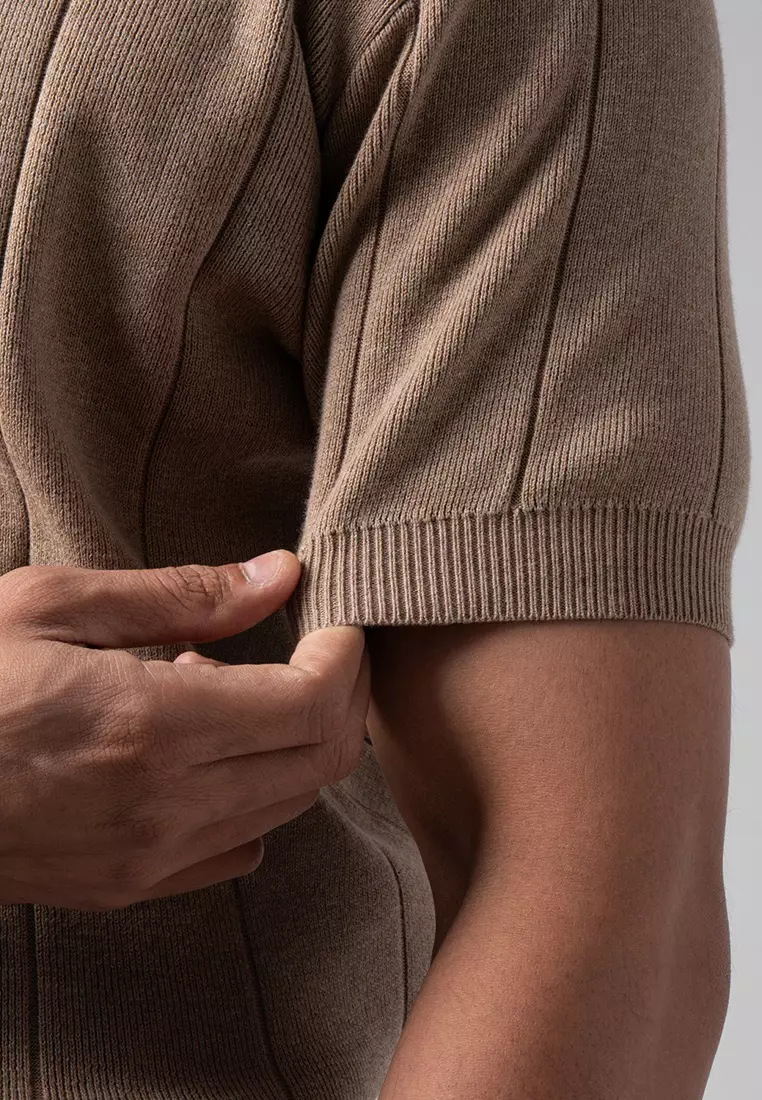 Mens Striped Knitted T-Shirt Cotton Light Brown SS