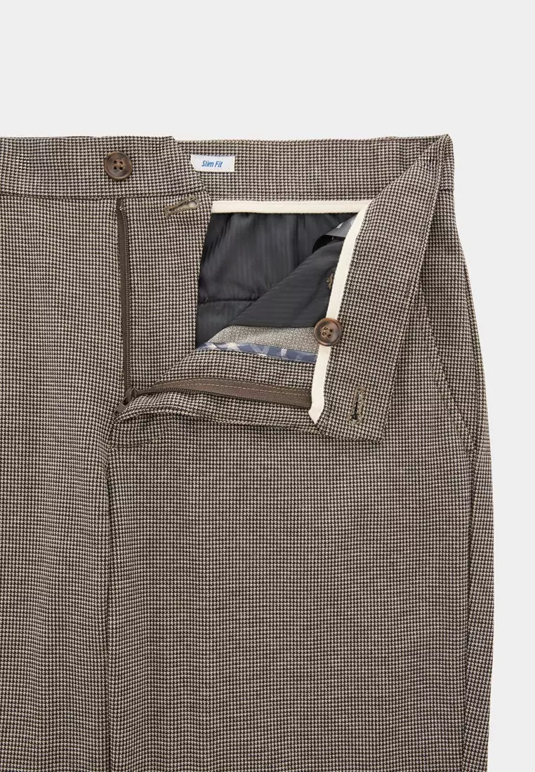 Hazelnut Brown Houndstooth Slim Stretch Jersey Trousers
