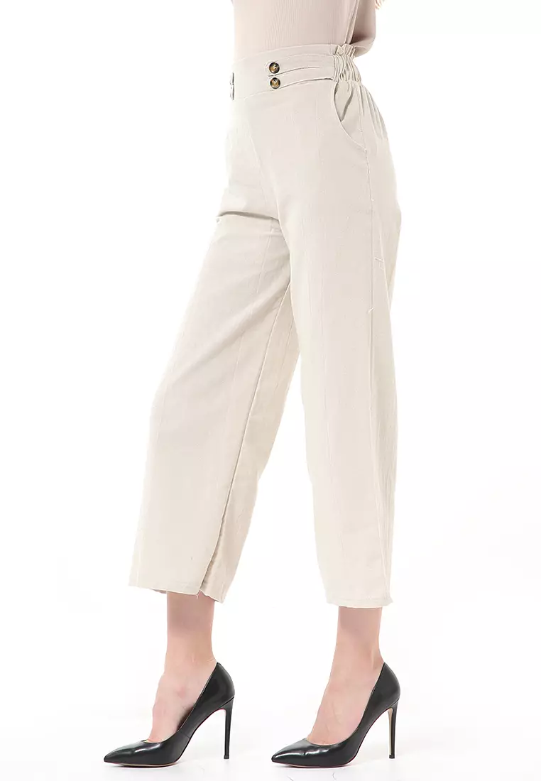 Stella Casual Long Pants Wanita Celana Kulot Highwaist Double Botton Material Linen ORIGINAL - Oat