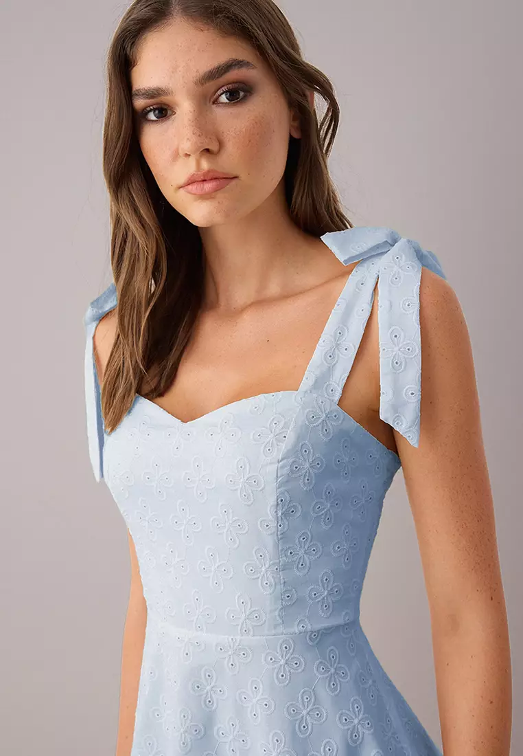 Embroidered Tie Shoulder Dress