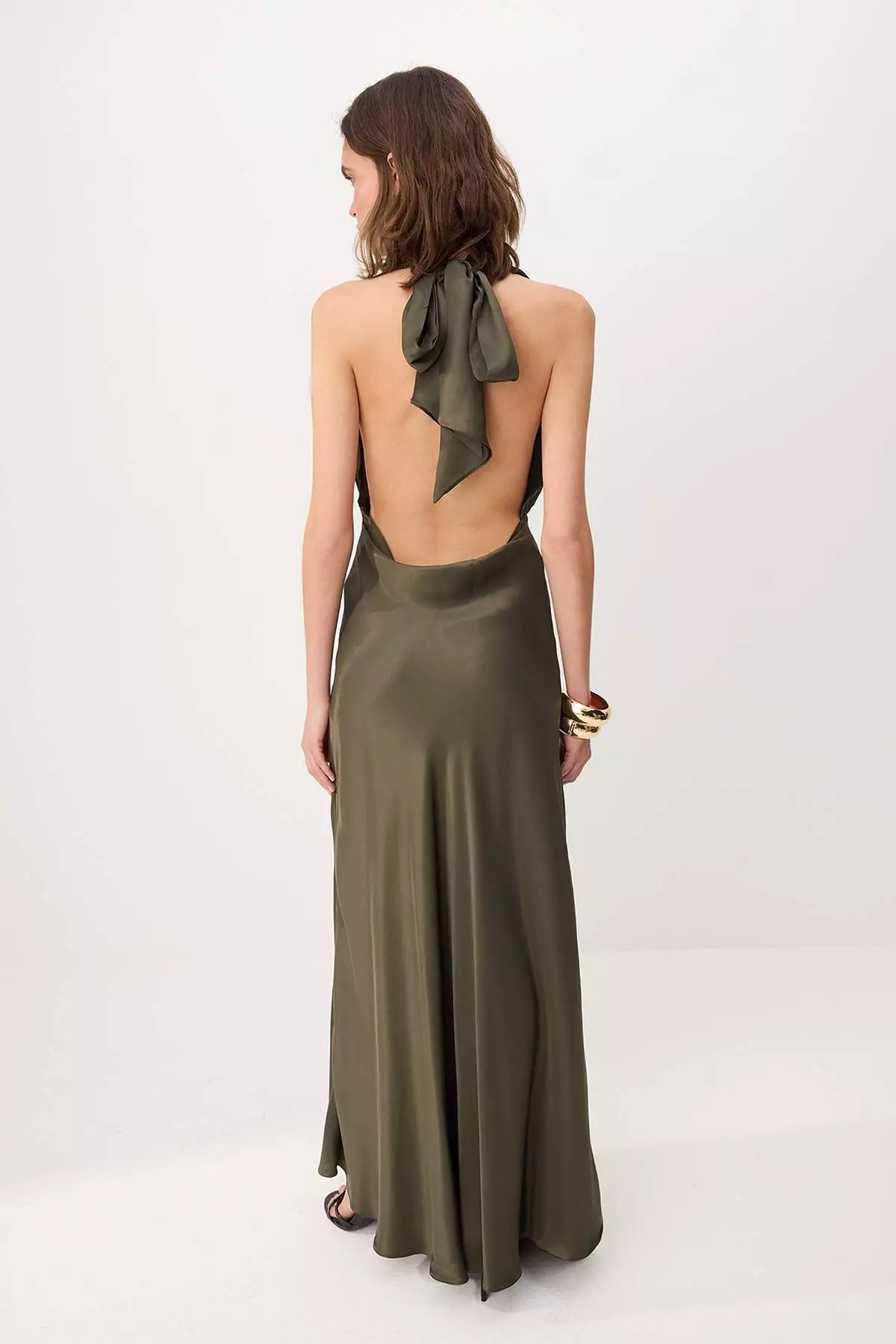 Khaki Plain Woven Satin Maxi Evening Dress & Graduation Dress