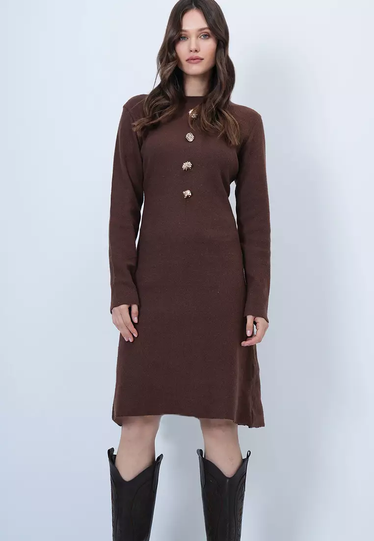 Crew Neck Button Detailed Midi Length Knitwear Dress