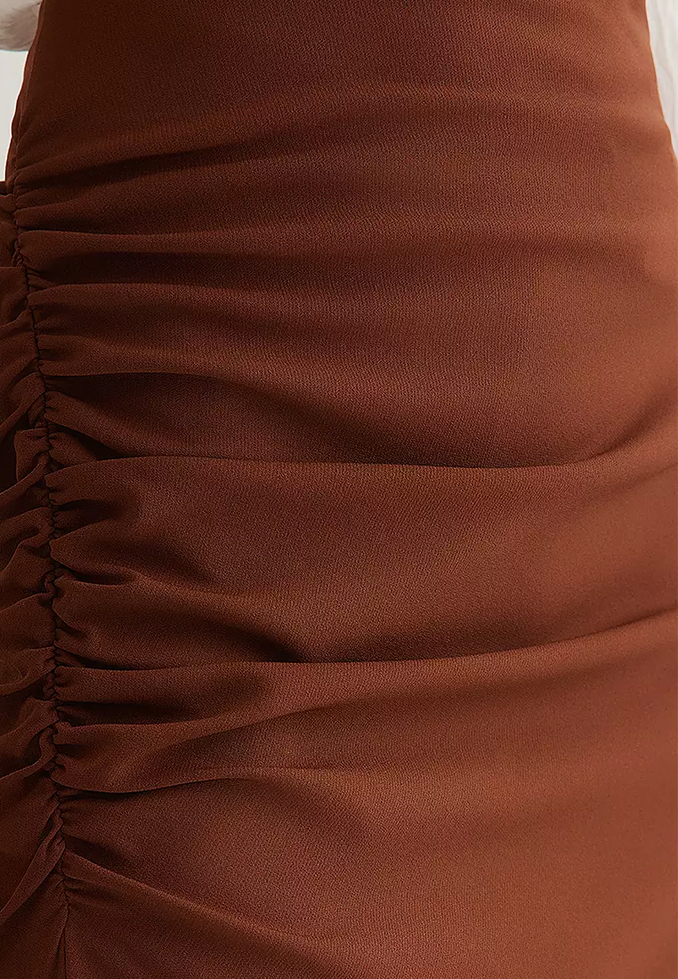 Dark Brown Pleated Slit Detail Pencil Fit Midi Woven Skirt