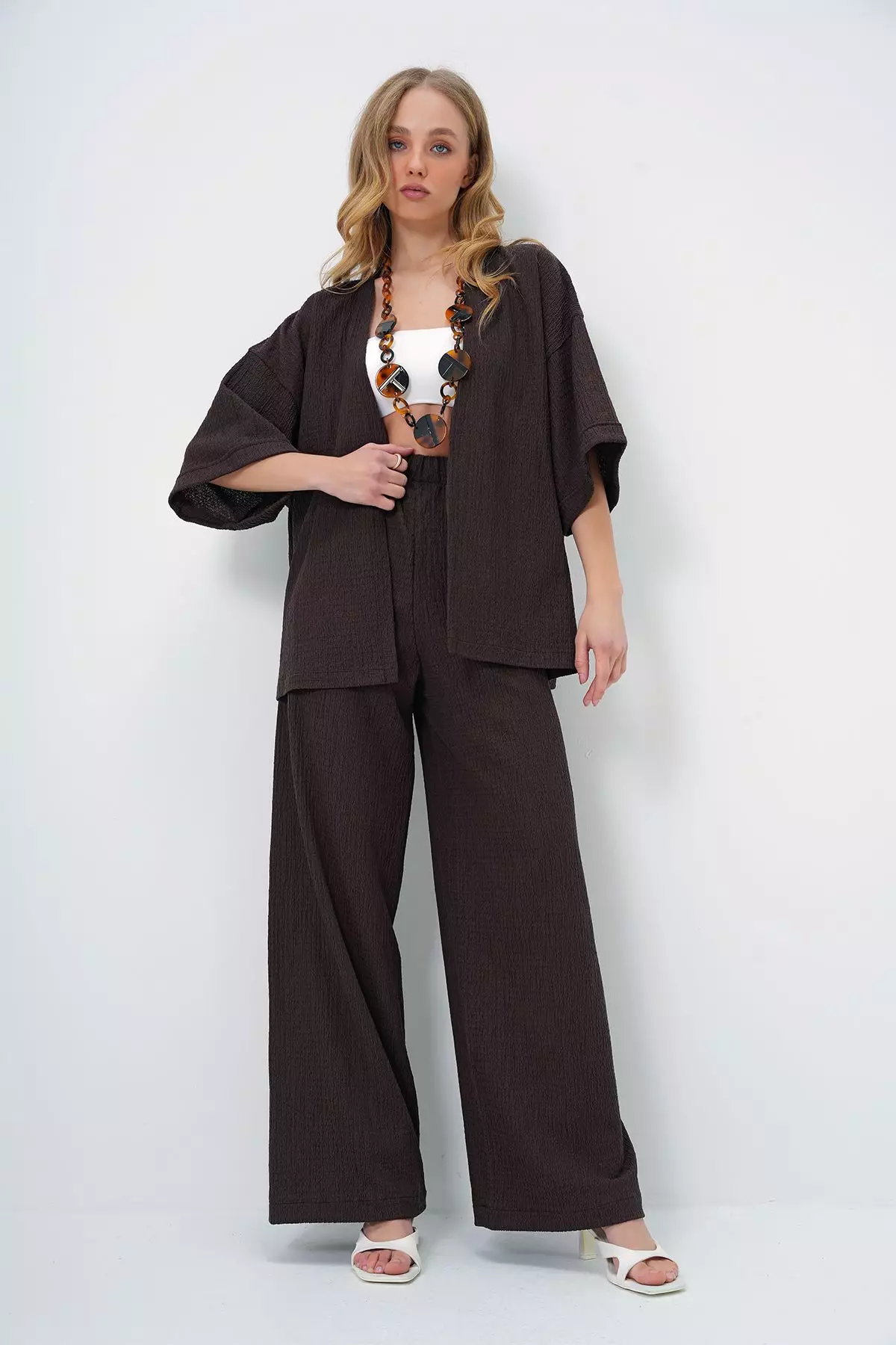 Women's Bitter Coffee Double Sleeve Crepe Fabric Summer Kimono and Trousers Set
