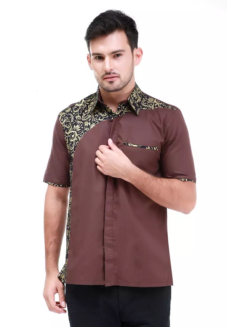 Dwan Kemeja Batik Pria Right Side Atasan Formal Shortsleeve Shirt Material Cotton ORIGINAL - Brown